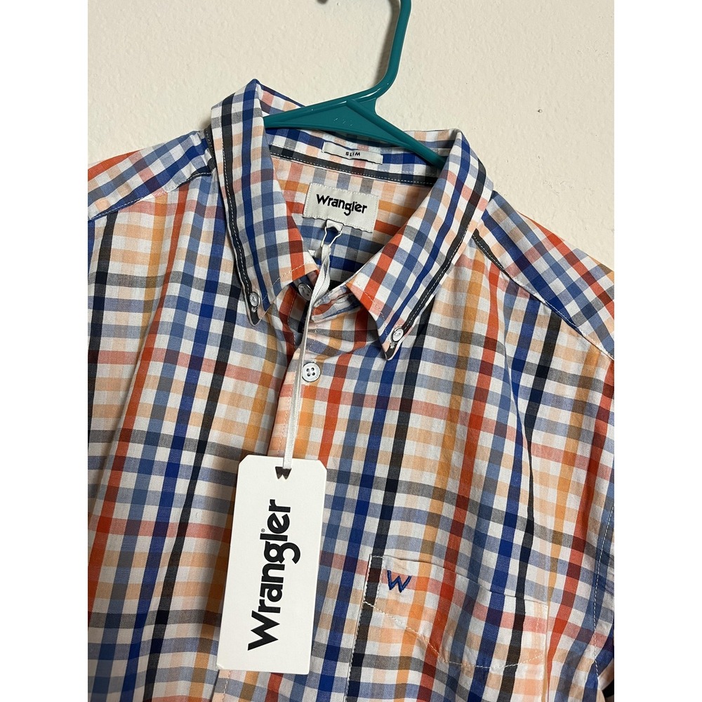 Wrangler Shirt Boys Large Orange Blue Plaid Slim Fit‎ Short Sleeve Button Down
